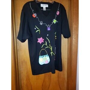 Victoria Harbour Black T-SHIRT Size LARGE PURSES Appliqued 90's